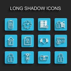  Set line Lock, Electric scooter, Smartphone with lock, Folder and, Open padlock, Document, Credit card and Cyber security icon. Vector