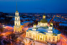 Aerial View Of Lighted Five Domed Church And Bell Tower Of Spassky Cathedral In Penza In Winter Twilight, Russia.