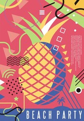 Artistic poster concept for beach party with colorful pineapple and various design elements. Vector party card invitation design.