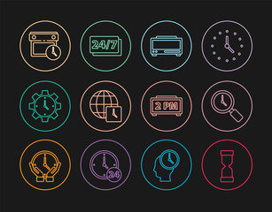 Wall Mural - Set line Old hourglass, Magnifying with clock, Digital alarm, World time, Time Management, Calendar and, and Clock 24 hours icon. Vector