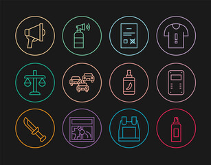 Sticker - Set line Paint spray can, Police assault shield, Poll document, Traffic jam, Scales of justice, Megaphone, Pepper and Air horn icon. Vector