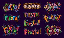 Fiesta Party, Mexican, Spanish And Chile Holiday Carnival, Vector Celebration Greetings. Latin America And Hispanic Fiesta Party Lettering With Confetti And Colorful Flag With Mexican Pattern Ornament