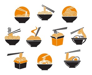 Asian ramen bowl and box of noodle soup, vector food icons for Chinese or Japanese and Korean restaurant. Chopsticks and bowl of udon or ramen noodles emblems for Asian cuisine wok dishes menu