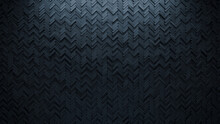 Black, Polished Wall Background With Tiles. Herringbone, Tile Wallpaper With 3D, Futuristic Blocks. 3D Render