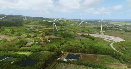 Wall Mural - Aerial view of white wind turbines on green meadows in Oahu Island, Hawaii. Green energy concept