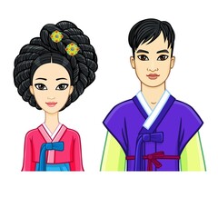 Wall Mural - Animation portrait of young beautiful Korean family in ancient traditional clothes. Vector illustration isolated on a white background.