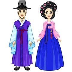 Wall Mural - Animation portrait of young beautiful Korean family in ancient traditional clothes. Full growth. Vector illustration isolated on a white background.