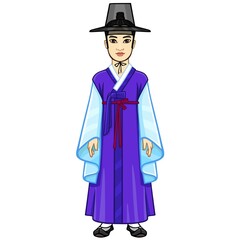 Wall Mural - Animation portrait of the young attractive Korean boy in  ancient suit. Full growth. Vector illustration isolated on a white background.