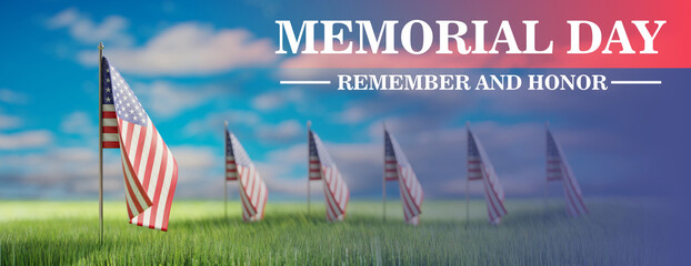 Wall Mural - Memorial Day text, USA flag on green field, cloudy sky background, banner, 3d render