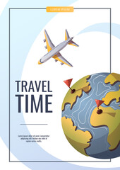 Flyer design for Travel, tourism, adventure, journey. Airplan flying around the globe. A4 Vector illustration, banner, flyer, poster, advertising template.