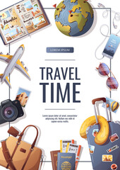 Flyer design for travel, tourism, adventure, journey. Suitcase, airplane and globe, camera, travel journal. A4 vector illustration, flyer, cover, banner template.