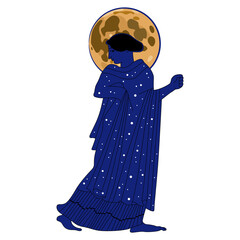 Wall Mural - Ancient Greek woman as starry night with full moon as her nimbus. Goddess Selene or Nyx. Creative concept for lunar feminine energy. Isolated vector illustration. Female archetype.