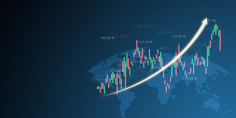 map world representing the global data business with trading stock or forex graph and light arrow growth up banner on blue background concept