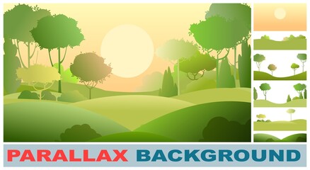 Wall Mural - Rural beautiful landscape. Set parallax effect. Cartoon style. Hills with grass and forest trees. Lush meadows. Cool romantic beauty. Flat design illustration. Vector