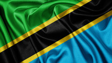 Close Up Realistic Texture Fabric Textile Silk Satin Flag Of Tanzania Waving Fluttering Background. National Symbol Of The Country. 9th Of December, Happy Day Concept
