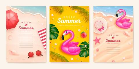 Set of poster, banner, cover or greeting card design template with realistic summer elements on a beach background