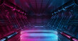 © sdecoret - Blue and pink spaceship interior with glowing neon lights podium on the floor. Futuristic corridor in space station with circles background. 3d rendering