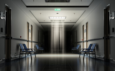 Wall Mural - Long dark hospital corridor with rooms and seats 3D rendering. Empty accident and emergency interior with bright lights lighting the hall from the ceiling