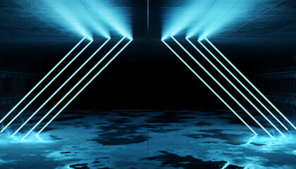 Aufkleber - Cyber neon laser Interior. Garage room hangar with sci fi glowing blue tubes. Dark tunnel warehouse with wet cement floor and metal panels wall lighted with futuristic lights. 3d Rendering