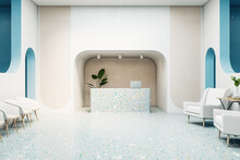 Bright White And Blue Shadows Waiting Hall, Reception Table, White Armchairs And Multi-colored Concrete Floor. 3D Rendering, Front View, Mockup