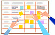 © Юлия Храмцова - A board of planning, diagrams and tasks with stickers. A team of people plans tasks on the board. Vector illustration in a flat style.