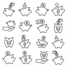  Piggy bank line icons on white background