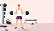 Fitness boy squat barbell arms gym. Slim, fit male athlete weightlifter training. Sports equipment activity. Athletic brunette young man lifting, raise weight, strength workout. Vector illustration