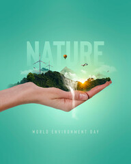 World environment day text with a hand and nature landscape creative concept image manipulation. 