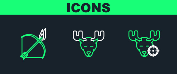 Poster - Set line Hunt on moose with crosshairs, Bow and fire arrow and Moose head horns icon. Vector