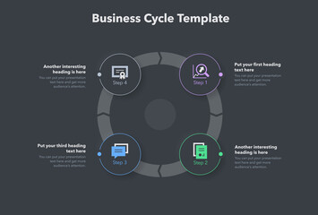 Aufkleber - Simple concept for business cycle diagram with four steps and place for your description - dark version. Flat infographic design template for website or presentation.