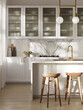 3d rendering of a white rustic kitchen with white marble backsplash, an island and wooden stools, vertical closeup	
