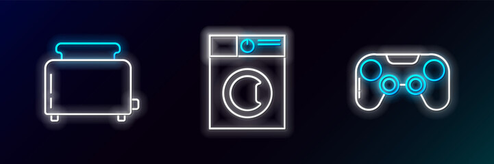 Sticker - Set line Gamepad, Toaster with toasts and Washer icon. Glowing neon. Vector