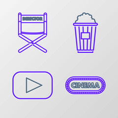 Canvas Print - Set line Cinema poster design template, Play, Popcorn cardboard box and Director movie chair icon. Vector