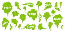 Stinky Smelling Smoke Set. Fart Cartoon Bad Odor Cloud. Green Stench Vapor With Text. Toxiz Aroma Fog. Vector Illustration