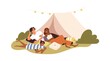 © Good Studio - Happy interracial family at camping on summer holidays. Parents and kid near tent, relaxing outdoors in nature. Mother, father, girl resting. Flat vector illustration isolated on white background