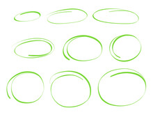 Highlight Marker Oval Frames. Hand Drawn Scribble Doodle Underscore Green Circle. Ovals And Ellipses Line Template. Vector Illustration Isolated On White Background.