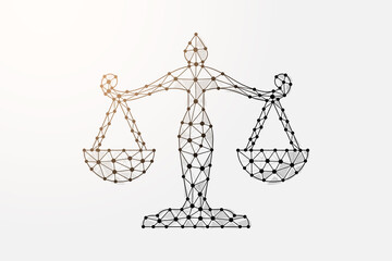 Wall Mural - Scales 3d low poly symbol with connected dots. Justice, law design vector illustration. Balance polygonal wireframe