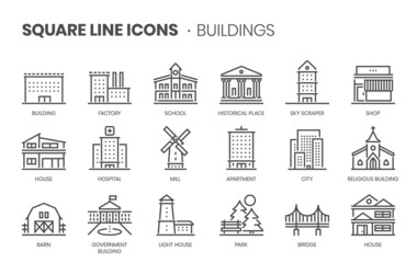 buildings related, pixel perfect, editable stroke, up scalable square line vector icon set.