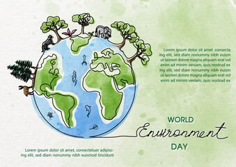 Wall Mural - poster's campaign of world environment day in line art and watercolors style with vector design.