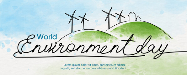 Poster - Poster's campaign of World environment day in line art and watercolors style with vector design.