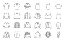 Clothes Top Doodle Illustration Including Icons - Sweater, Jacket, Polo Shirt, Sweatshirt, Hoodie, Pullover, Suit, Longsleeve Sportswear, Vest, Blouse. Thin Line Art About Apparel. Editable Stroke