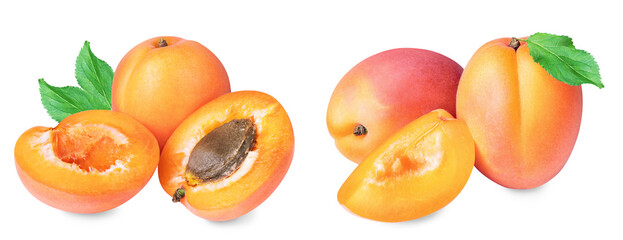 Wall Mural - Set of whole and half of apricot fruits isolated on white background