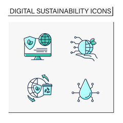 Digital sustainability color icons set. Modern technology. Global environment protection. Ecology concept. Isolated vector illustrations