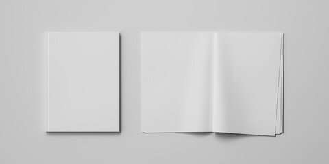 set of white open and closed blank magazine or book isolated on gray background. blank or layout or 