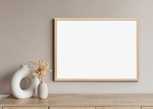 Empty Horizontal Frame Mockup In Modern Minimalist Interior With Plant In Trendy Vase On White Wall Background. Template For Artwork, Painting, Photo Or Poster