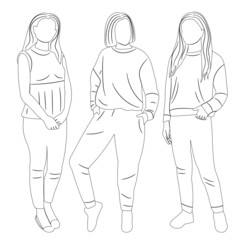 Poster - girls sketch, outline, isolated, vector