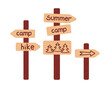 © Nadya Ustuzhantceva - Set of wooden signposts on a tourist route. Way sign to summer camp, hiking trail.  Guidepost with arrow.  Flat isolated vector illustration