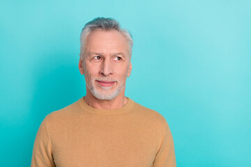 Sticker - Photo of minded positive person look interested empty space contemplate isolated on teal color background