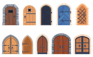 Medieval castle, door with wrought iron elements. Wooden doors, gates. Vector illustration