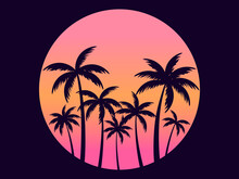 Palm Trees Against A Gradient Sun. Outlines Of Tropical Palm Trees At Sunset, Miami. Design For Advertising Brochures, Banners, Posters, Travel Agencies. Vector Illustration